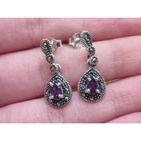 Echt zilveren oorbel hanger met amethist en Marcasiet