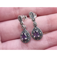 Echt zilveren oorbel hanger met amethist en Marcasiet