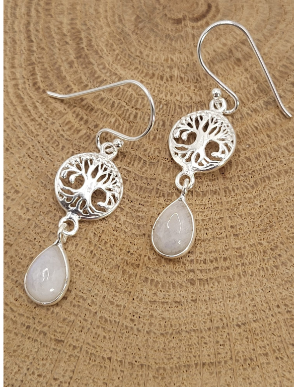 Echt zilveren oorbellen met maansteen Levensboom