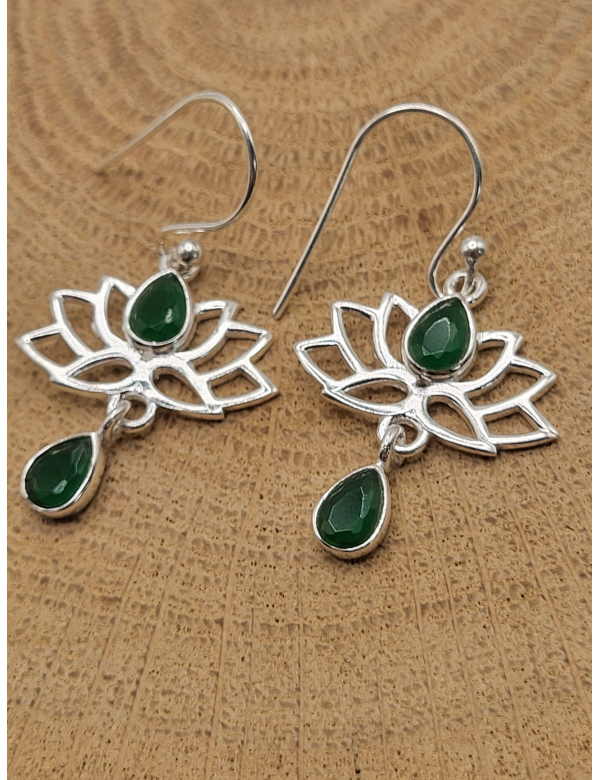 Echt zilveren oorbellen met Groene Onyx Lotus bloem