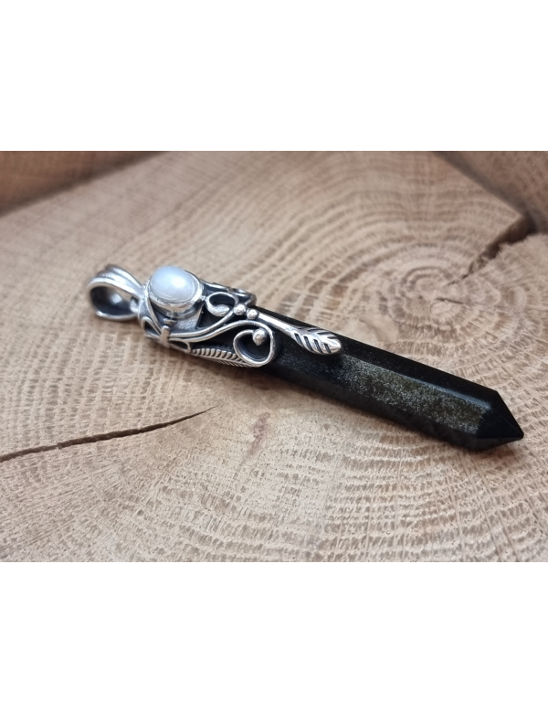 Echt zilveren ketting hanger met gouden obsidiaan