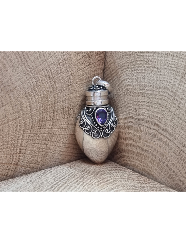 Echt zilveren as hanger/ kruikje / flesje. Met amethist