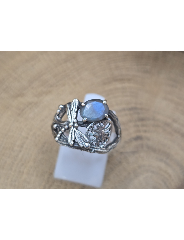 Echt zilveren ring met Labradoriet en libel