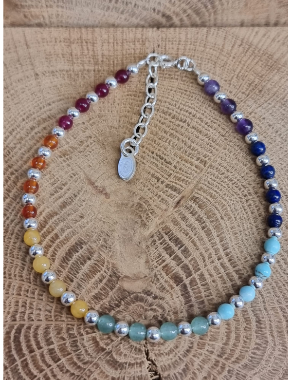 Echt zilveren chakra armband met verschillende edelstenen om en om Echt zilveren chakra armband met verschillende edelstenen om en om